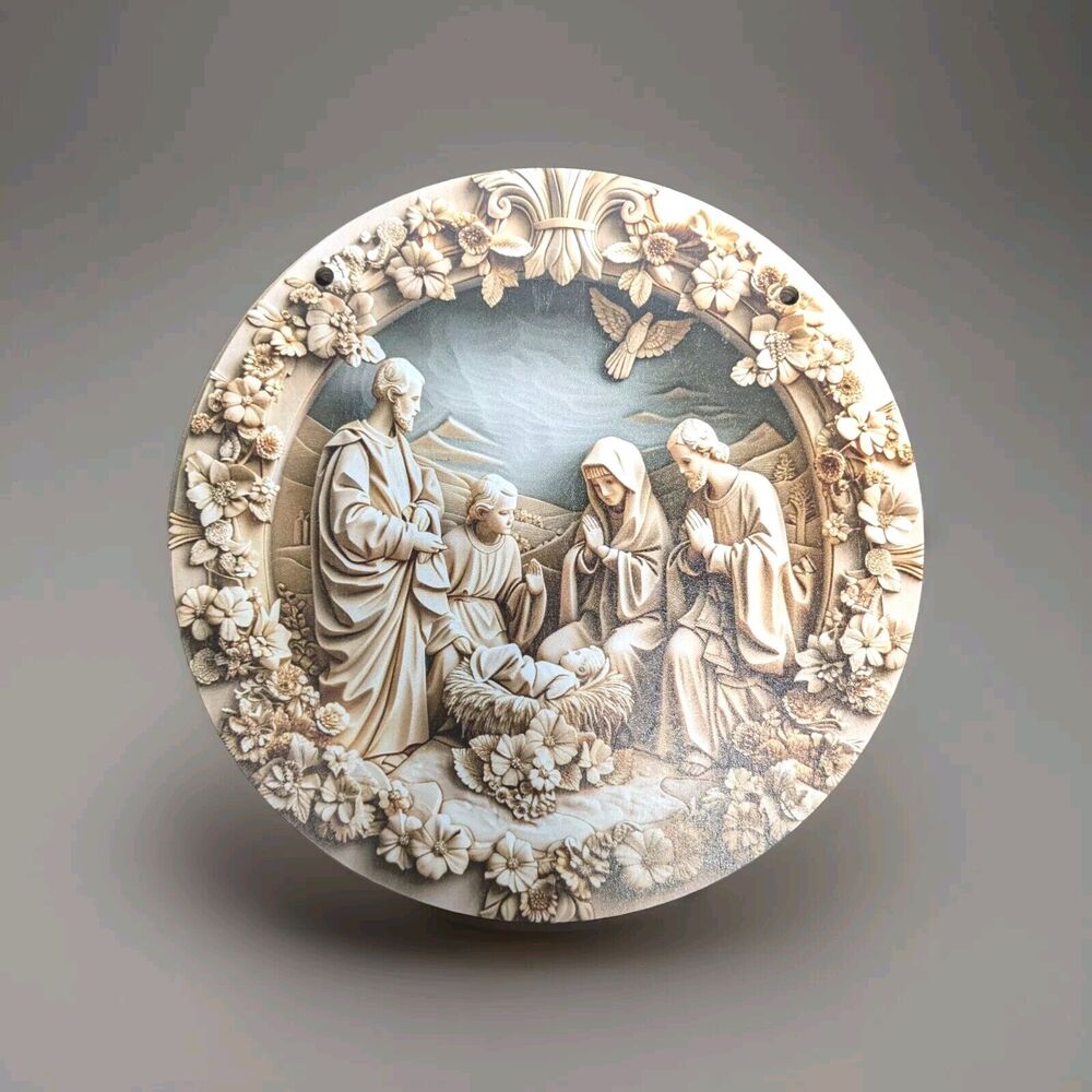 Wood Plaque Christmas Nativity Scene 2D Flat Print Looks Like Carved Ivory 8in